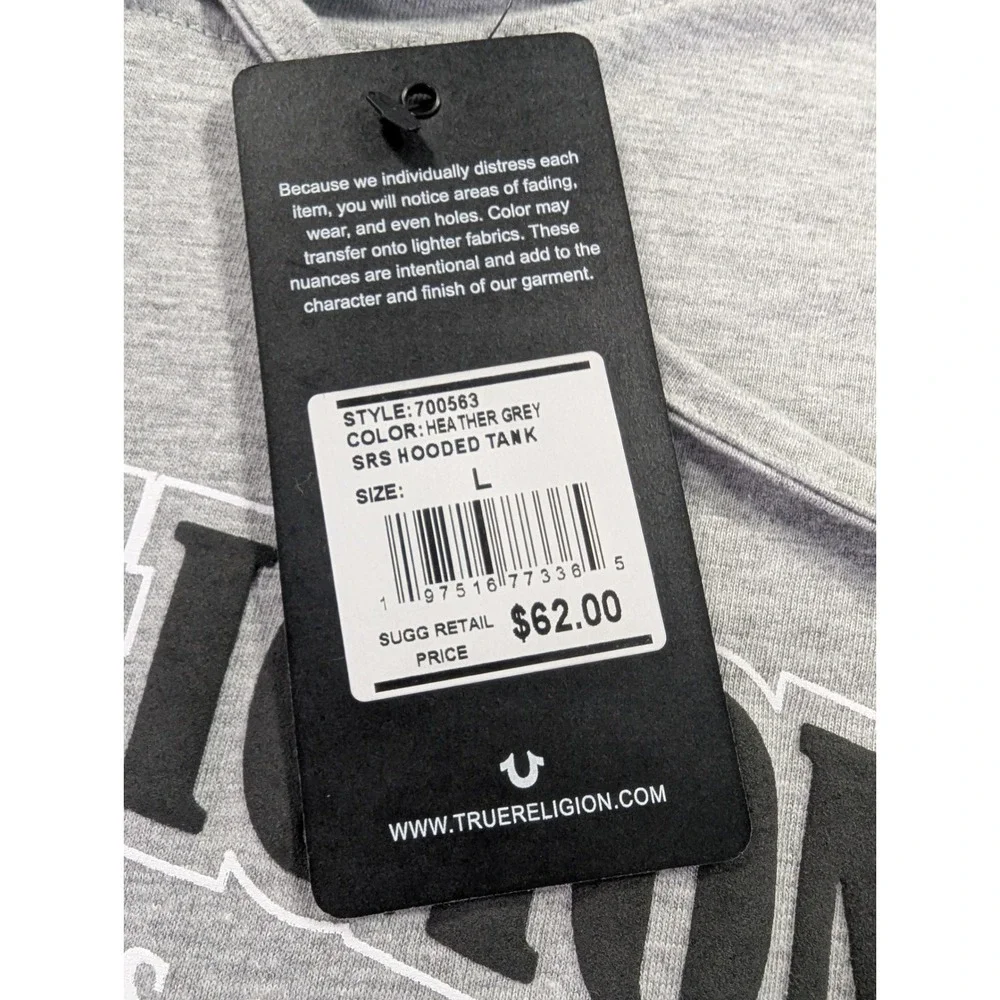 True Religion Mens Buddha World Tour Sleeveless Hooded Tank Top Heather Grey L